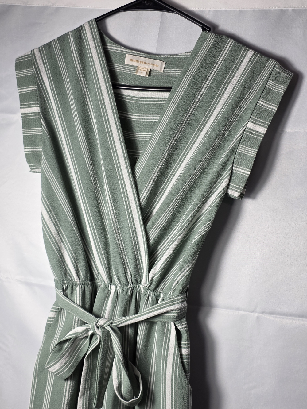 Monteau Los Angeles Sage Green Striped Romper Small Light Weight Preppy Tie